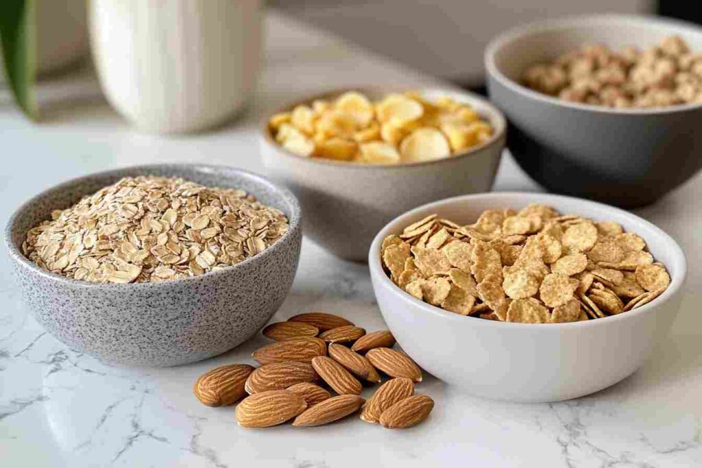 Different types of cereal and almonds.