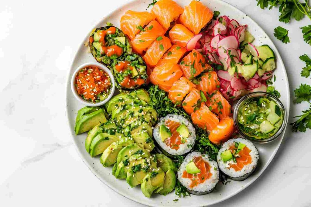 Platter of salmon and avocado rolls with various toppings and sauces.