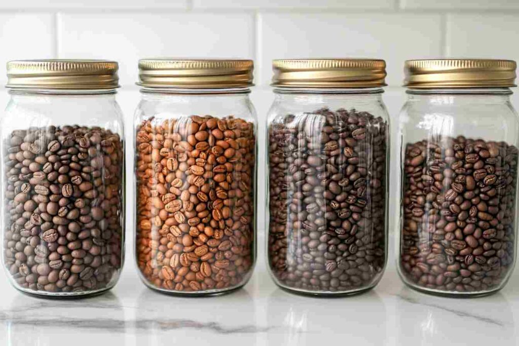 Variety of whole coffee beans in a glass jar