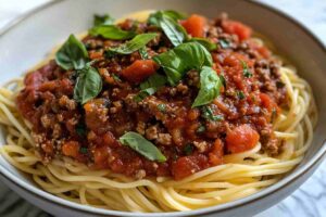 Close-up of lumache pasta with tomato sauce and basil.
