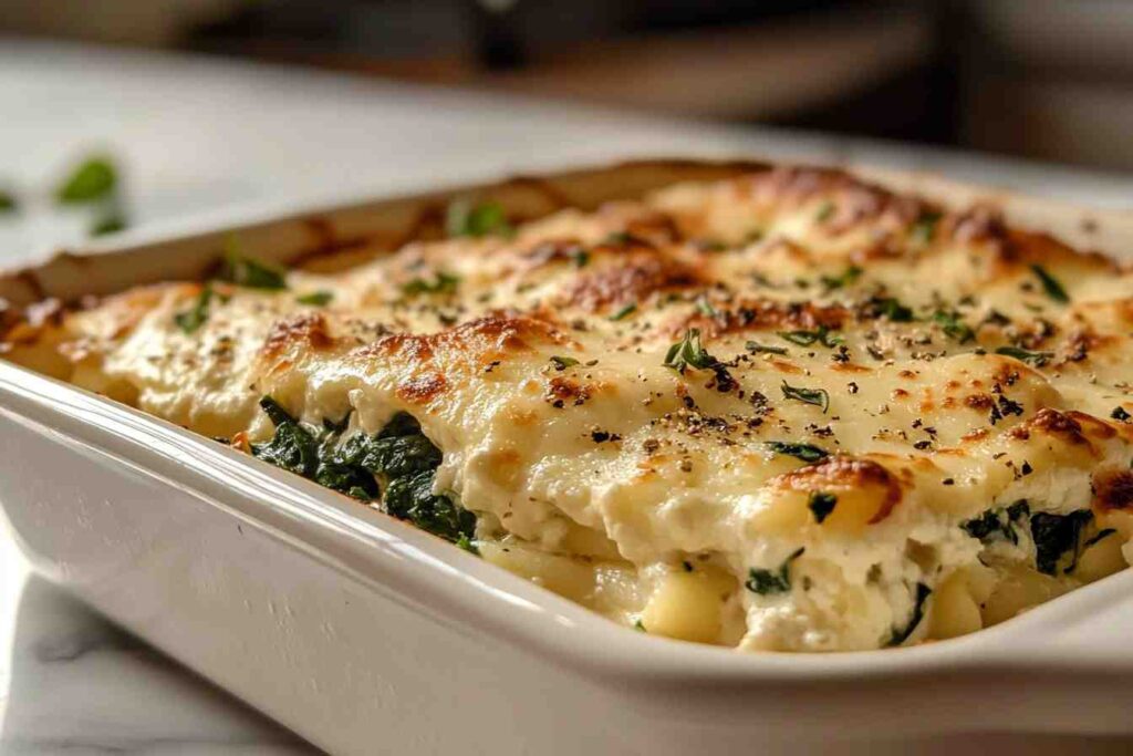 Top-down photo of a lumache pasta bake with creamy ricotta and spinach filling on a marble surface.