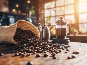 Whole bean coffee on a wooden table with brewing tools.