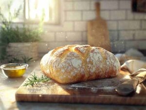 Perfectly risen bread loaf with a crackly crust on a rustic counter.