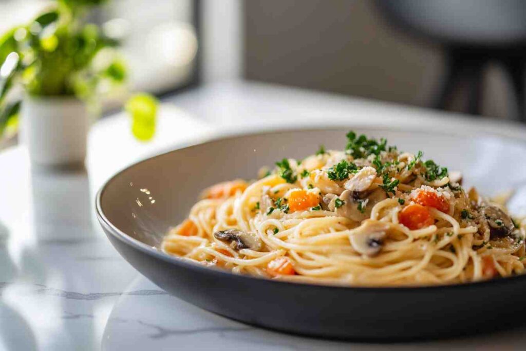 Lumache pasta with creamy mushroom sauce.