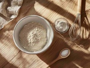 Ingredients for making self-rising flour at home: flour, baking powder, and salt.