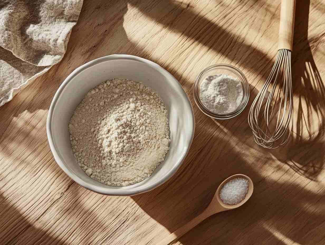 Ingredients for making self-rising flour at home: flour, baking powder, and salt.