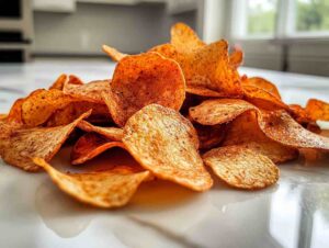 Close-up of barbecue chips on white marble countertop.