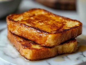 Plated sourdough French toast in a bright kitchen
