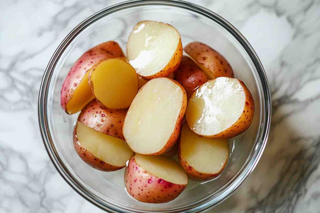 Russet Potatoes Soaking in Water for Papas Fritas