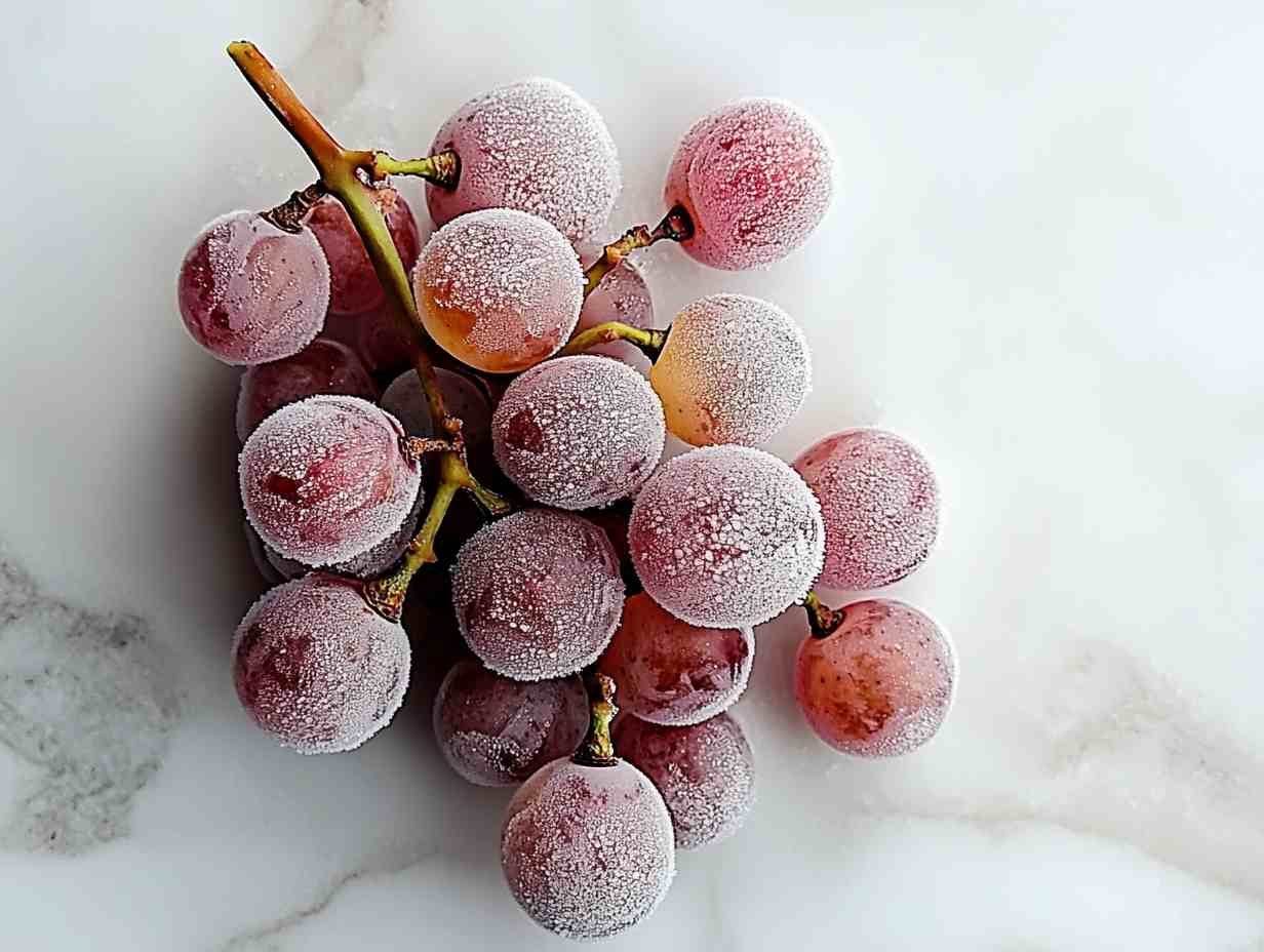 Close-up of sour frozen grapes on white marble