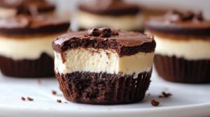 Brownie Bottom Mini Cheesecakes Recipe: Easy and Decadent Dessert with a Fudgy Brownie Base and Creamy Cheesecake Filling.