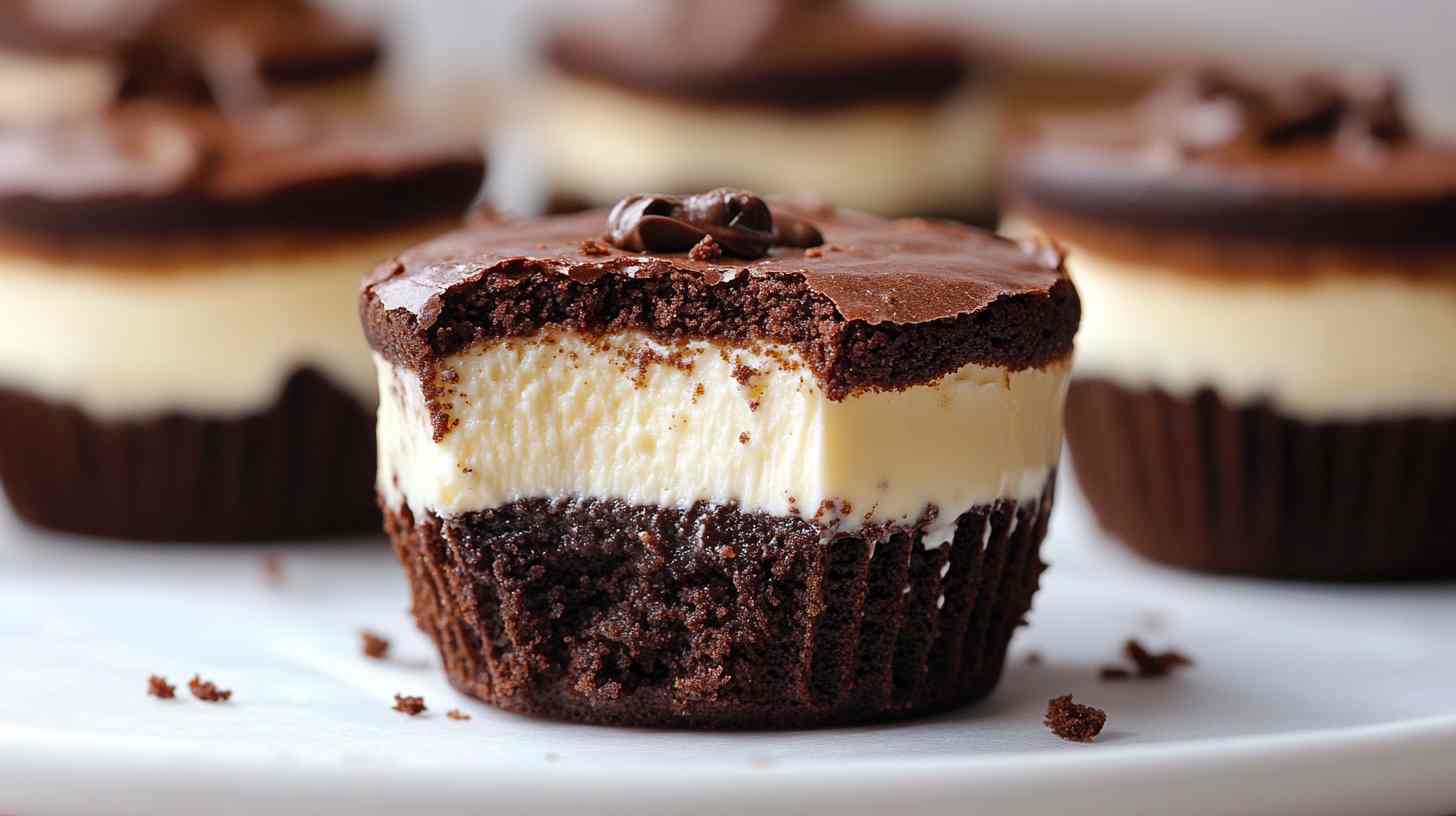 Brownie Bottom Mini Cheesecakes Recipe: Easy and Decadent Dessert with a Fudgy Brownie Base and Creamy Cheesecake Filling.