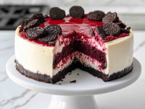Decadent Red Velvet Oreo Cheesecake with Whipped Cream and Oreo Crumbs