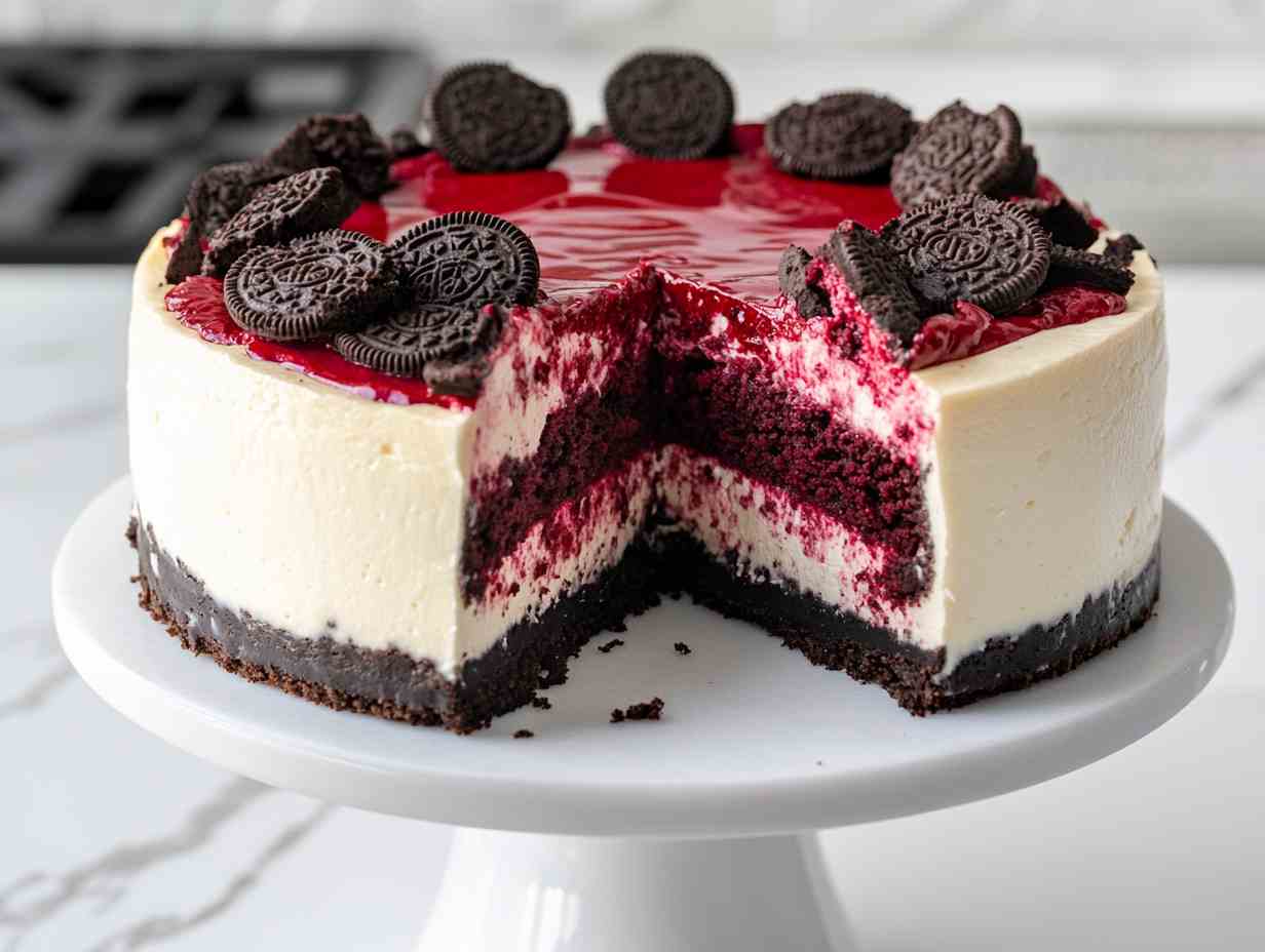 Decadent Red Velvet Oreo Cheesecake with Whipped Cream and Oreo Crumbs