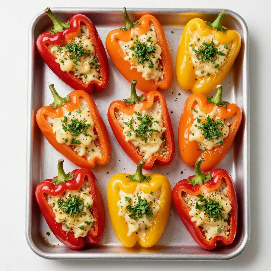 Colorful mini peppers stuffed with creamy cheese filling