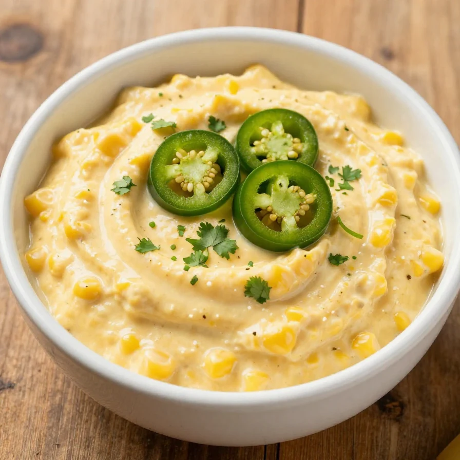 A creamy and colorful crack corn dip served in a bowl with tortilla chips on the side.