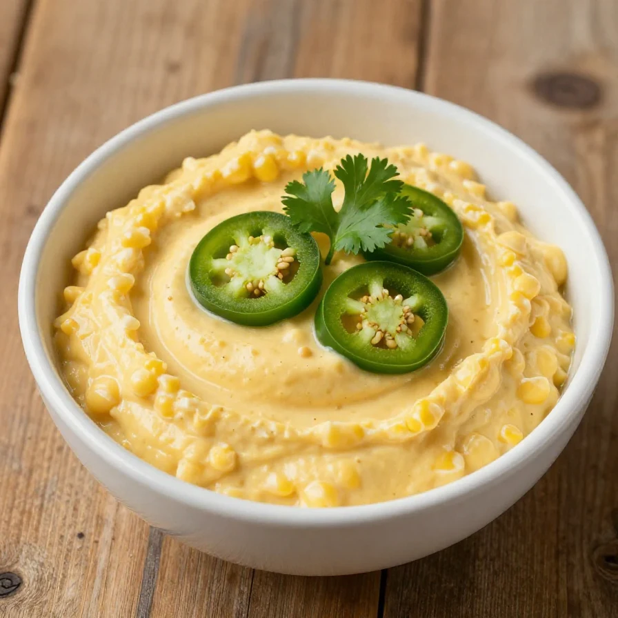 A creamy and colorful crack corn dip served in a bowl with tortilla chips on the side.