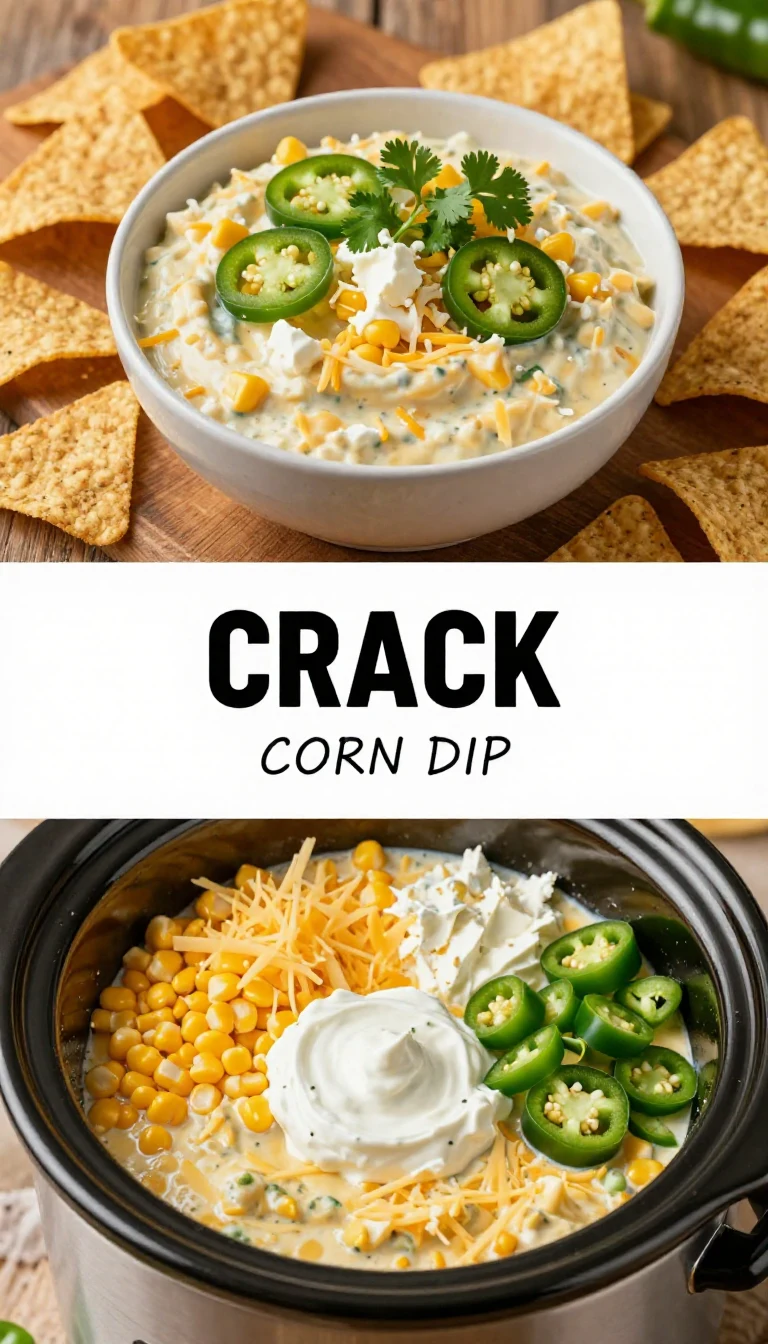 A creamy and colorful crack corn dip served in a bowl with tortilla chips on the side.