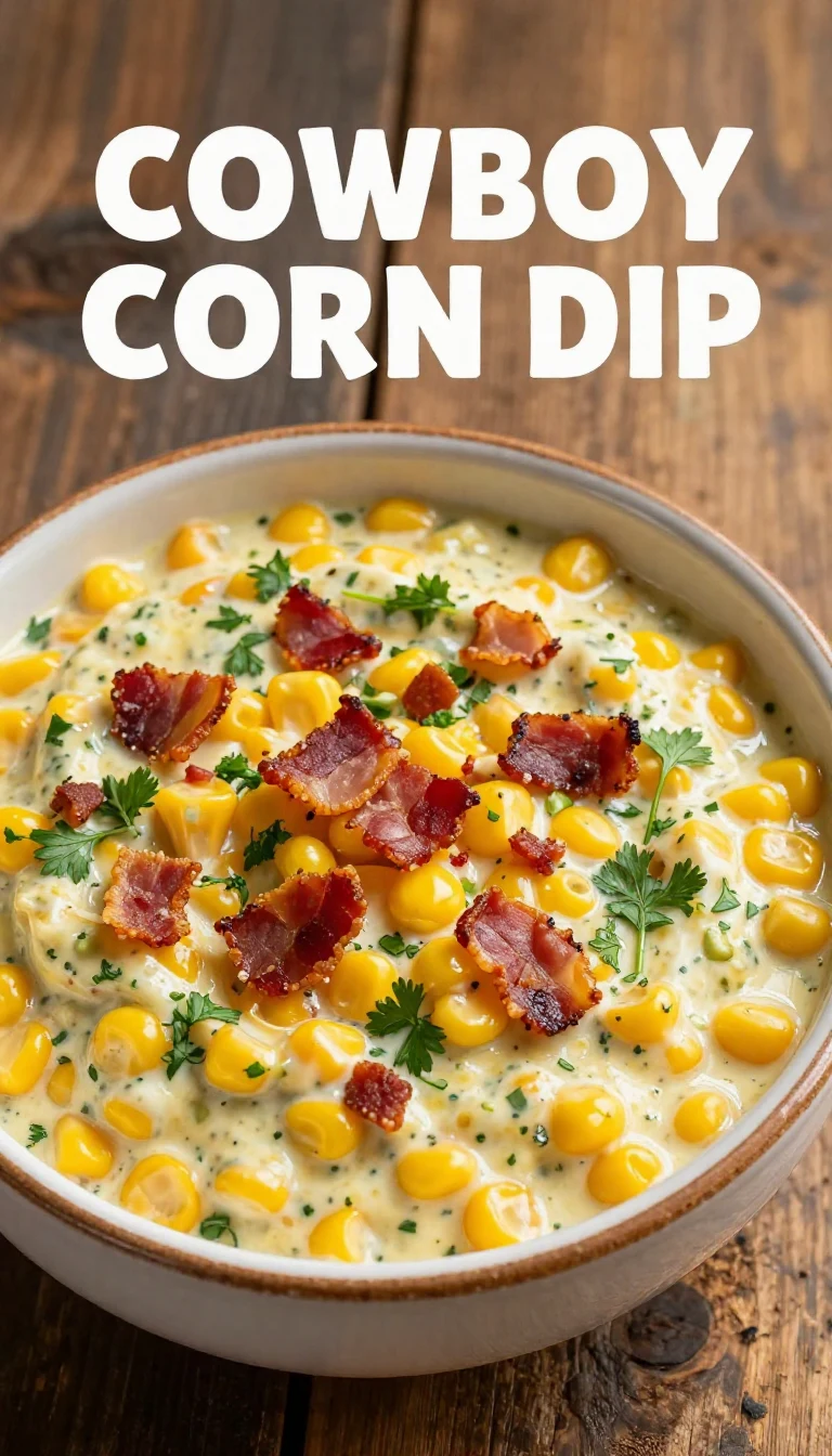 A bowl of cowboy corn dip garnished with cilantro and served with tortilla chips