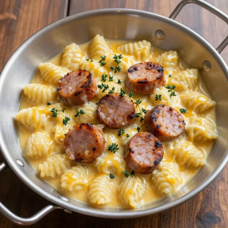 A bowl of creamy butternut squash gnocchi topped with sausage, thyme, and sage, set on a rustic wooden table.