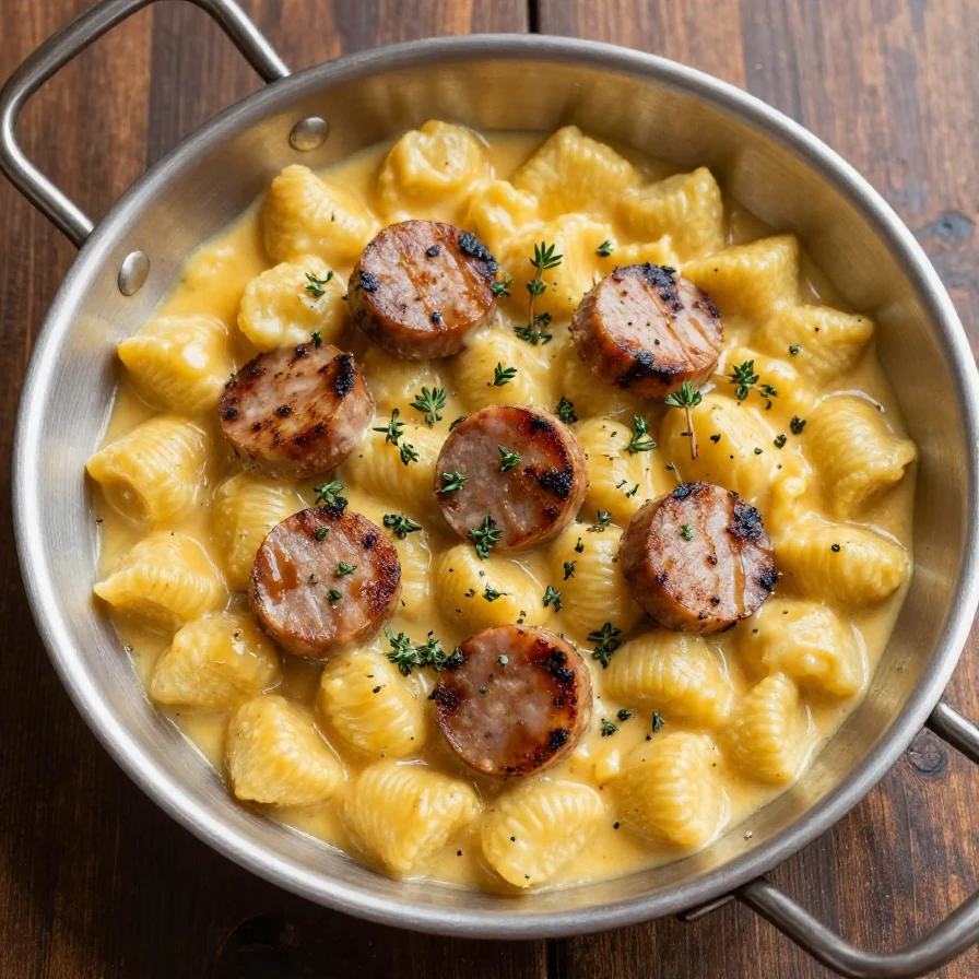 A bowl of creamy butternut squash gnocchi topped with sausage, thyme, and sage, set on a rustic wooden table.