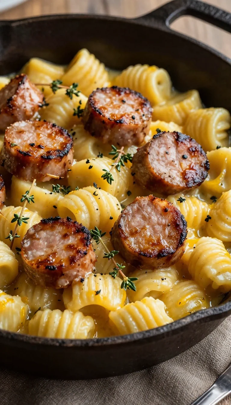 A bowl of creamy butternut squash gnocchi topped with sausage, thyme, and sage, set on a rustic wooden table.