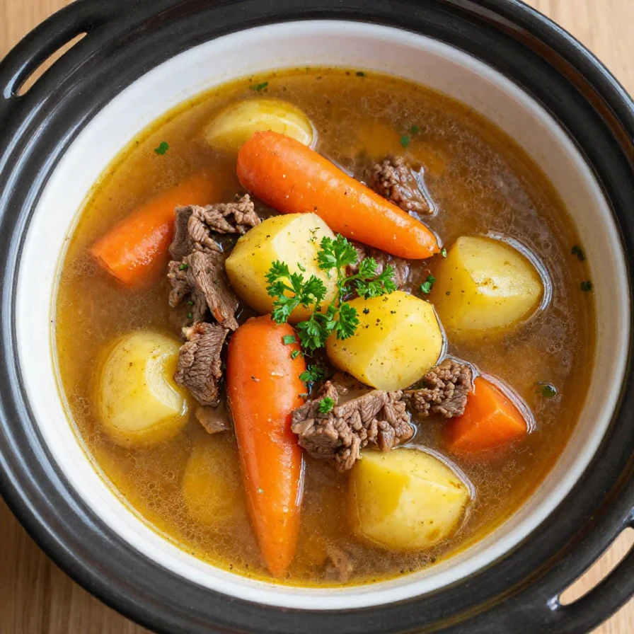 A hearty crock pot beef stew with carrots and potatoes