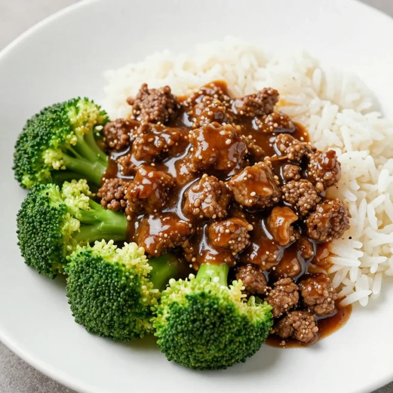 A close-up of honey garlic ground beef stir-fried with broccoli in a skillet