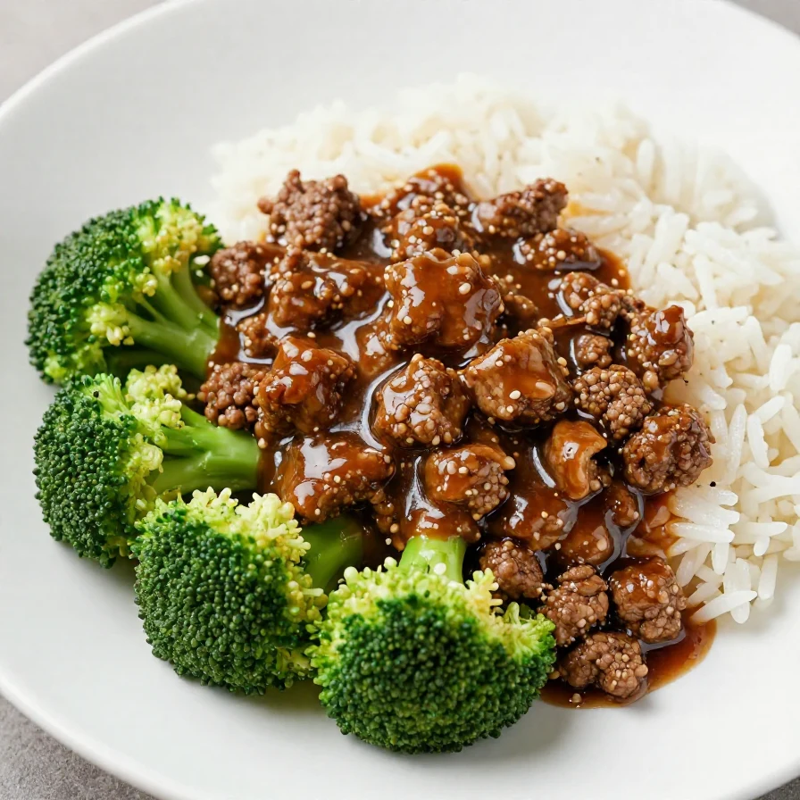 A close-up of honey garlic ground beef stir-fried with broccoli in a skillet
