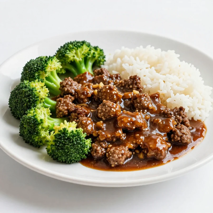 A close-up of honey garlic ground beef stir-fried with broccoli in a skillet