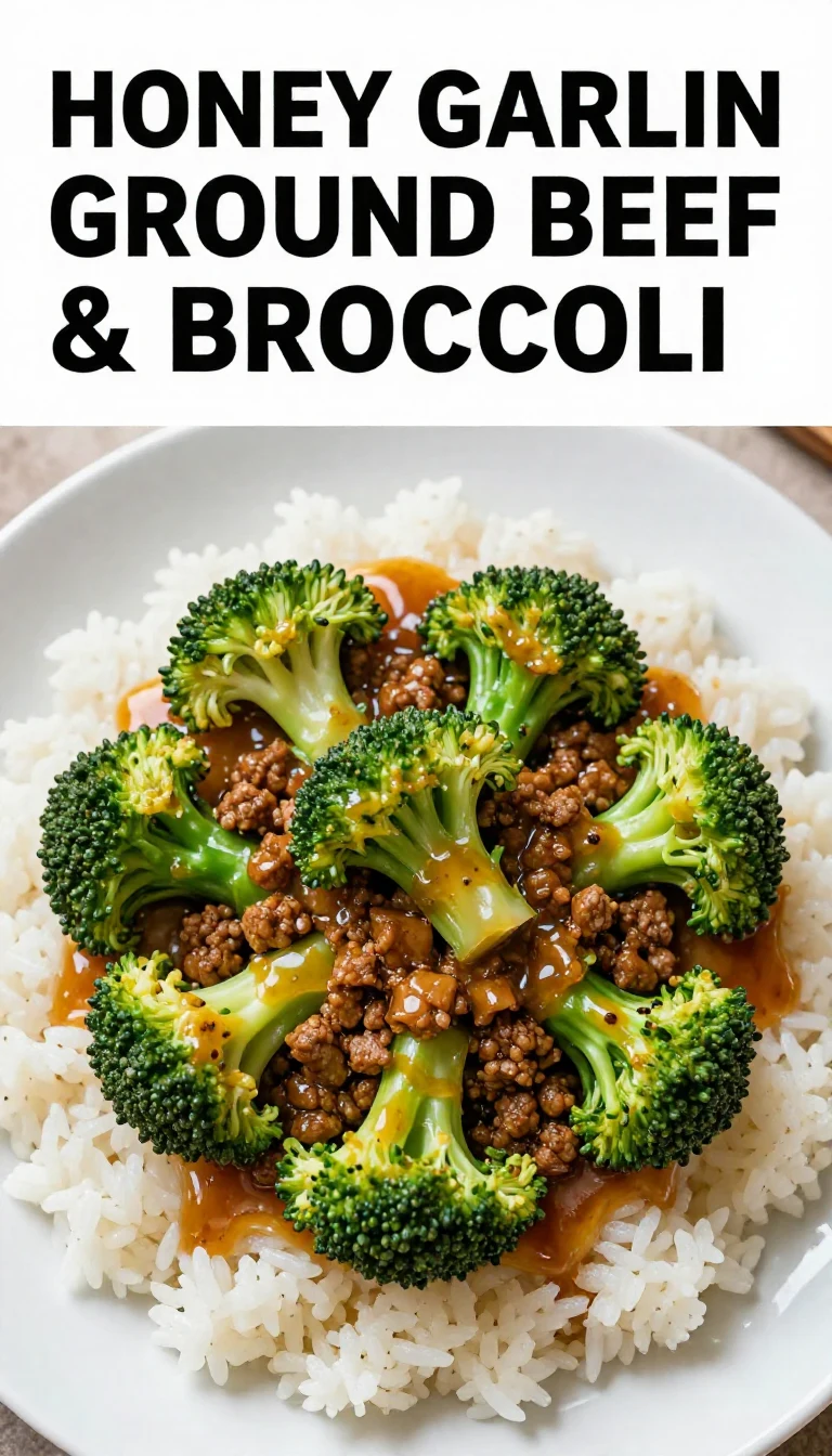 A close-up of honey garlic ground beef stir-fried with broccoli in a skillet
