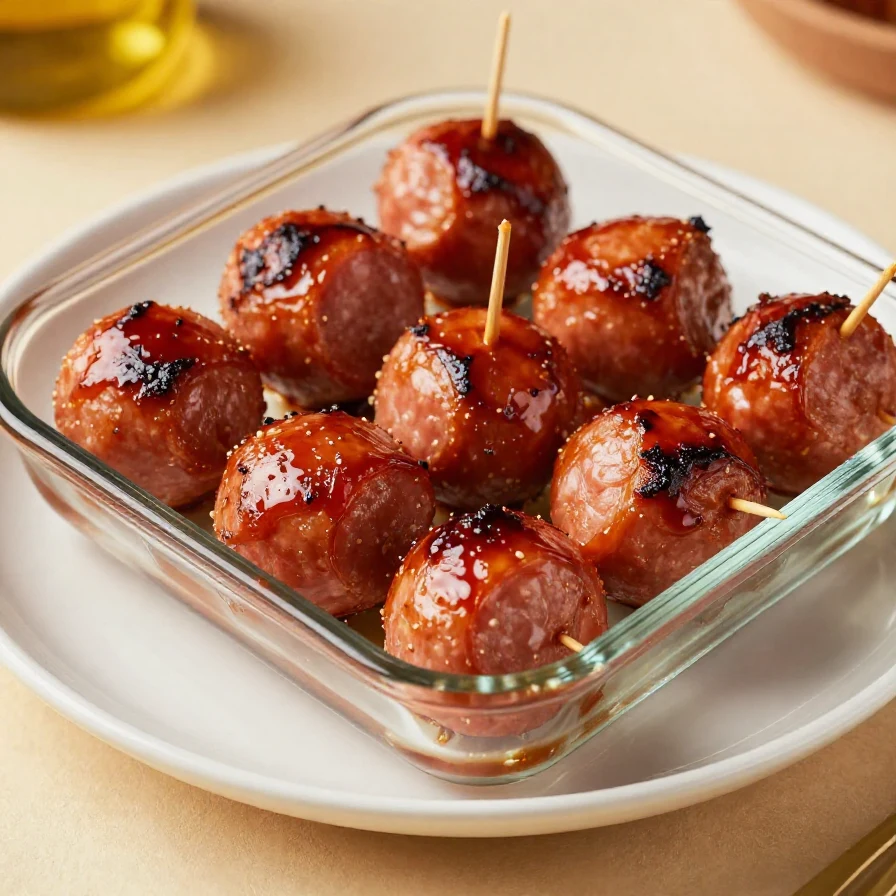 A plate of BBQ sausage bites made with only four ingredients, garnished with parsley