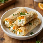 Colorful vegetable tortilla roll ups arranged on a wooden platter