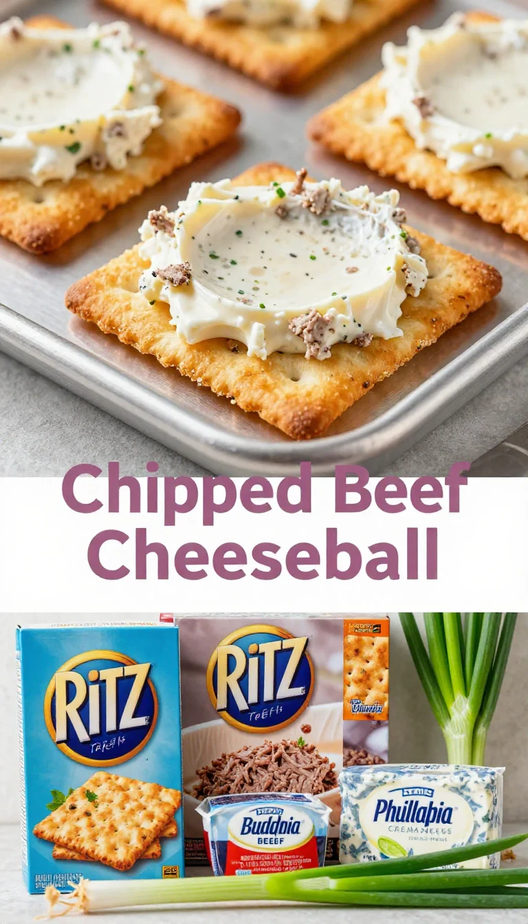 A delicious cheeseball made with chipped beef, garnished with herbs and served with crackers