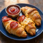 A plate of freshly baked pepperoni crescent rolls with melted cheese oozing out