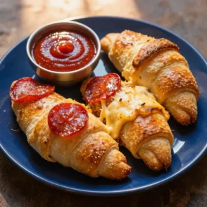 A plate of freshly baked pepperoni crescent rolls with melted cheese oozing out