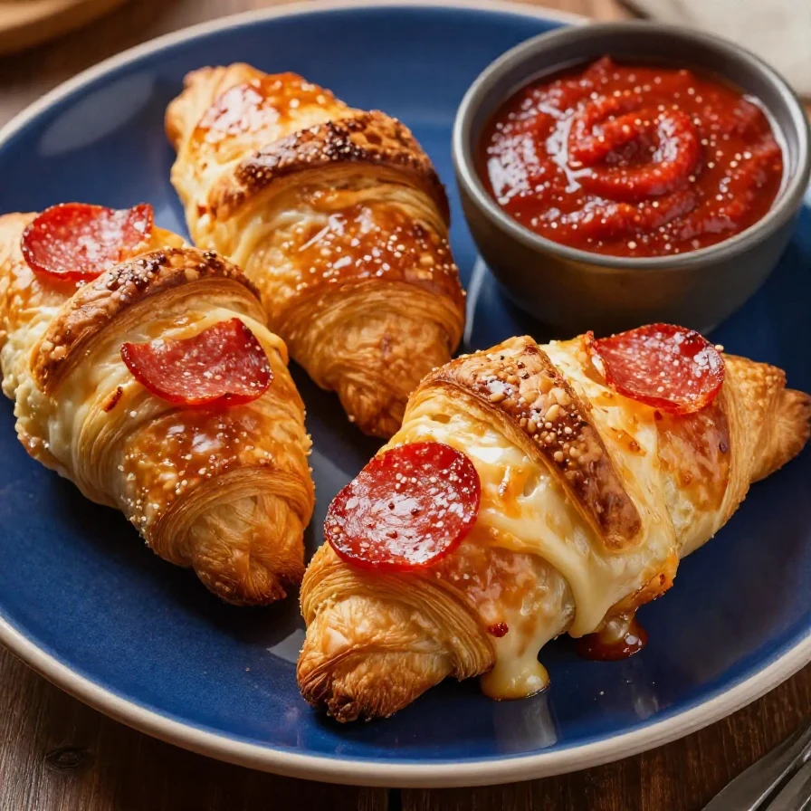 A plate of freshly baked pepperoni crescent rolls with melted cheese oozing out