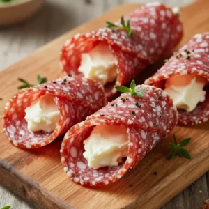 A platter of salami pinwheels garnished with herbs