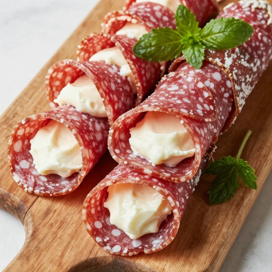 A platter of salami pinwheels garnished with herbs